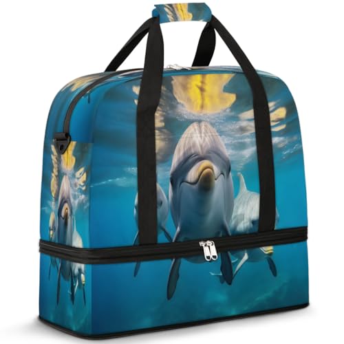 Travel Duffel Bags Cute Dolphin Foldable Weekender Bags for Women with Shoes Compartment Waterproof & Tear Resistant Carry on Overnight Luggage Duffel Bag Shoulder Sports Tote Bag
