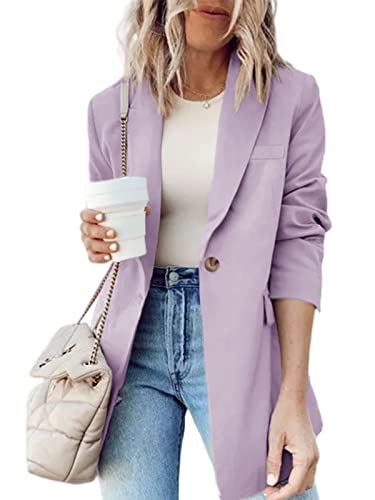 Cnkwei Womens Blazer For Work Casual Long Sleeve Lapel Collar Open Front Button Solid Color Blazer Jackets With Pockets Purple #TOP27