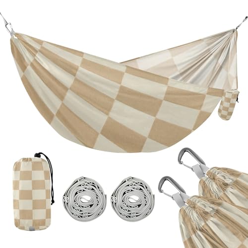 ATTX Checkered Beige Camping Hammock - Lightweight & Portable Hammocks, Heavy Duty 330lbs Capacity for Indoor, Hiking, Backpacking, Travel, Backyard, Beach#222