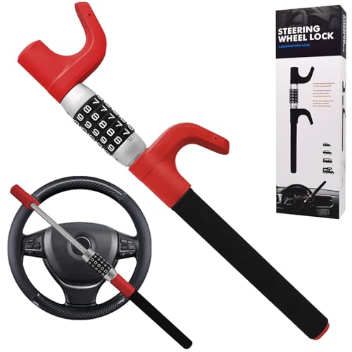 Athvcht ハンドルロック 盗難防止 ダイヤル式 ステアリング リレーアタック対策 合金 車 ロック ハンドル 防犯 盗難 泥棒 取り付け簡単 全車種対応 暗証番号 高硬度 安全性 (レッド)
