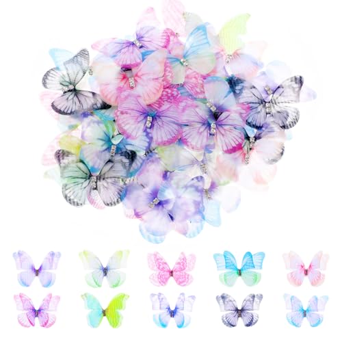Apausvcm 60 Stück Schmetterlinge Deko,Schmetterlinge Organza Stoff,Durchscheinender Chiffon Schmetterling,3D Schmetterling,für Scrapbooking Gepäck...