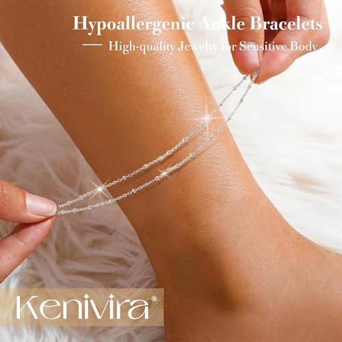 Image of Kenivira Sterling Silver Ankle Bracelets for Women,Gold Dainty Layered Waterproof Anklet for Women, Anklet Set Stackable Beach Gift Adjustable Size