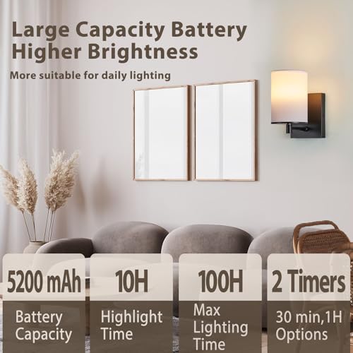 Image of Battery Operated Wall Sconce Set of Two,13 RGB Colors Dimmable Rechargeable Wall Sconces with Remote Control,Wall Lights with Cylinder White Fabric Shade for Bedroom Living Room