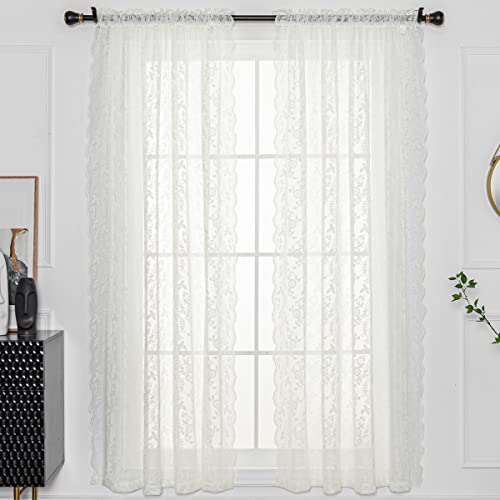 H.ebony Ivory Lace Curtains 63 Inch Length, Country Branch Leaf Scalloped Floral Lace Sheer Curtains For Bedroom, Privacy Vintage Lace Curtain Panels For Windows, 52 X 63 Inch, Light Beige, 1 Pair #TOP1