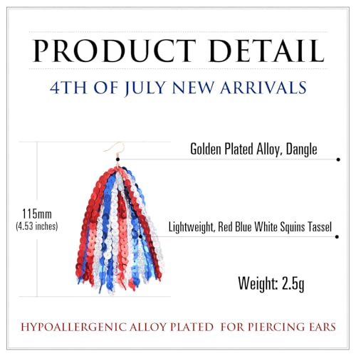 RareLove Fourth of July Accessories Lightweight Patriotic Earrings Red White and Blue Sequins Fun Dangle Tassel Earrings for Women Alloy Plated3