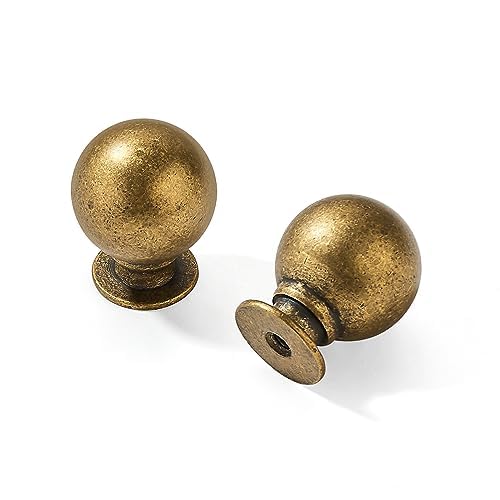 CABDM 2 Pack 1-1/4 Inch Solid Antique Brass Cabinet Knobs Large Heavy Duty Drawer Knobs Kitchen Cabinet Hardware Vintage Ball Knobs Antinque Gold Pulls for Drawers.
