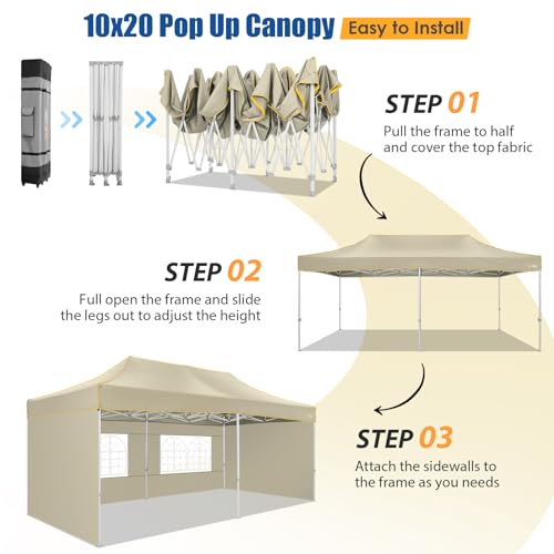Image of Hoteel 10x20 Heavy Duty Pop Up Canopy Tent with 6 Sidewalls, Light Tan