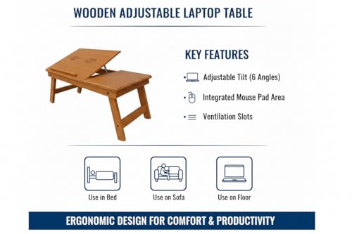Image of Foldable Wooden Laptop Table for Bed & Sofa | Adjustable Laptop Desk with Tilt Top Cup Slot Drawer | Ergonomic Study Work Table for Home Office Reading Writing Use
