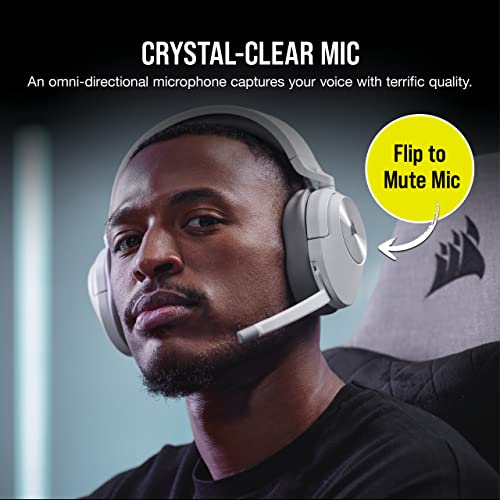 Image of Corsair HS55 Wireless Gaming Headset, White. Low-Latency 2.4Ghz Wireless or Bluetooth, Dolby Audio 7.1 Surround Sound, Omni-Directional Microphone with Flip-to-Mute Function