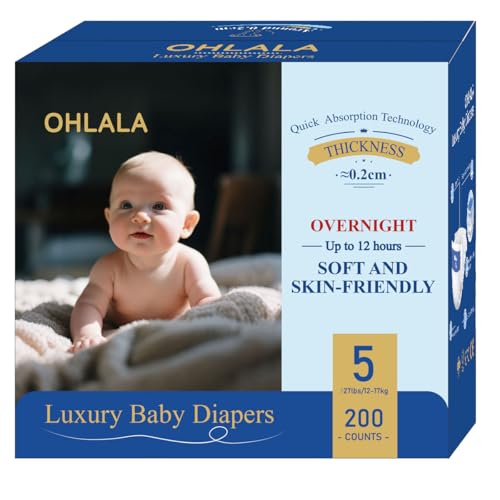 Image of OHLALA Luxury Diapers Size 5 200 Count 27+ lbs Skin-Friendly & Leakproof Hypoallergenic Fragrance-Free Lightweight 4 Pack