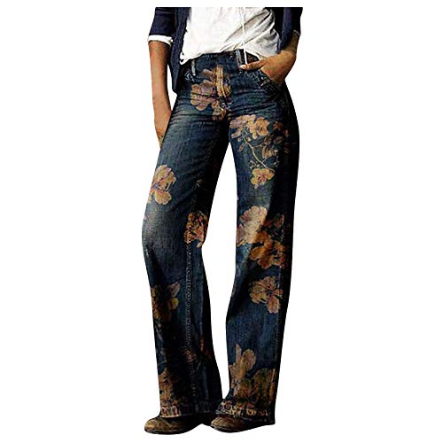 Women's Flower Printed Jeans Stretchy High Waisted Trouser Baggy Straight Wide Leg Casual Imitation Denim Pants