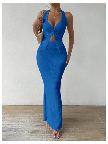 Image of SOLY HUX Women's Two Piece Outfits Twist Front Halter Cami Tops and Skirt Summer Set