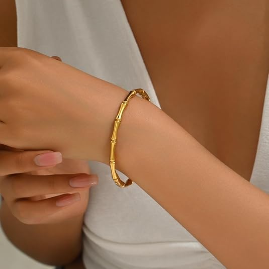 Image of Bamboo Pattern Bracelet for Women | Premium Gold Plated Cuff Bracelet | Minimalist Designer Jewellery for Daily & Party | Gift for Her