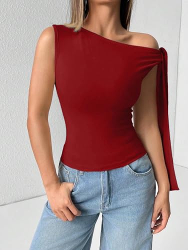 Image of TIVANTE Solid Asymmetrical Shoulder Tie Strap Crop Top for Women
