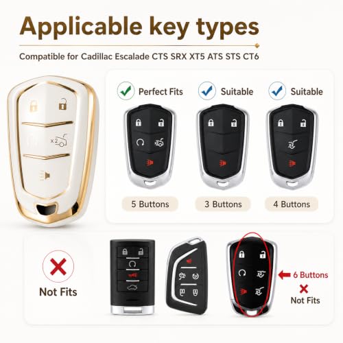 Image of Key Fob Cover for Cadillac, White Braided Loop Keychain, Gold Edge