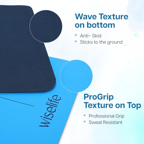 Image of WiseLife Dual Layer TPE Yoga Mat + Carry Strap for Women and Men | Non-Slip Textured Extra Wide & Thick | Pro Balance TPE Exercise Mat For Home, Pilates, Gym & Fitness (6MM, Cyan Blue)