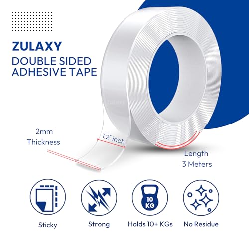 Image of Zulaxy Double Sided Tape Heavy Duty for Wall, Strong Adhesive Transparent Nano Tape 3 Meter | Multipurpose Mounting Tape for Home, Office & Car Without Peeling Paint (Pack of 2)