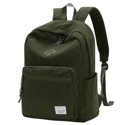 VASCHY Corduroy Travel Backpack Vintage Casual Kawaii Cute Aesthetic Fuzzy Fluffy Plush Fleece Rucksack Daypack for School Teens/Man/Women Dark Green