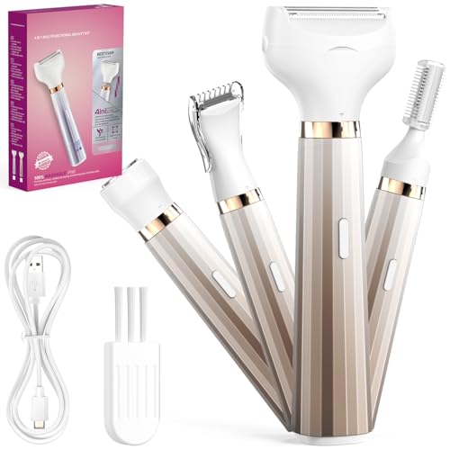 PKBD 4 in 1 Lady Shavers for Women with LED Battery Display, Facial Hair Remover for Women, Electric Razor for Body, Legs, Pubic Hair, IPX6 Waterproof & Rechargeable, Portable Wet and Dry, Pink/Gold