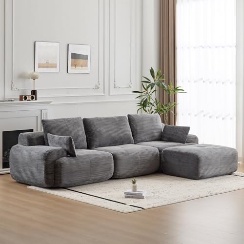 Image of L Shape Sofa Rearrangeable, Oversized Cloud Couch Sectional Modular Sofas with Detachable Ottoman, 4 Pillows and Deep Seat, Corduroy Boneless Couches Sets for Living Room, No Assembly Required, Grey