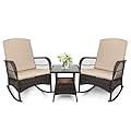 LEVELEVE 3 pcs Rocking Bistro Set Conversation Chairs PE Wicker Outdoor Rocking Chairs & Glass Table,for Porch Lawn Garden Backyard Deck(Rocking Set,Khaki)