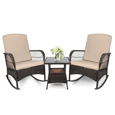 LEVELEVE 3 pcs Rocking Bistro Set Conversation Chairs PE Wicker Outdoor Rocking Chairs & Glass Table,for Porch Lawn Garden Backyard Deck(Rocking Set,Khaki)