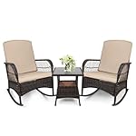 LEVELEVE 3 pcs Rocking Bistro Set Conversation Chairs PE Wicker Outdoor Rocking Chairs & Glass Table,for Porch Lawn Garden Backyard Deck(Rocking Set,Khaki)