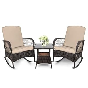 LEVELEVE 3 pcs Rocking Bistro Set Conversation Chairs PE Wicker Outdoor Rocking Chairs & Glass Table,for Porch Lawn Garden Backyard Deck(Rocking Set,Khaki)