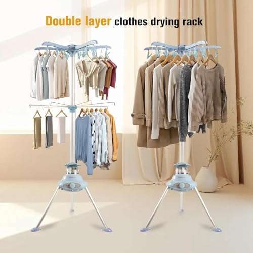 1000W Heated Clothes Airer with Cover, 10Kg Capacity 2-Tier Stainless Steel Foldable Electric Clothes Dryer Rack, Energy Efficient Indoor Drying Rack, 180 Minutes Timer Auto Power-Off,Blue-One Size - Image 4