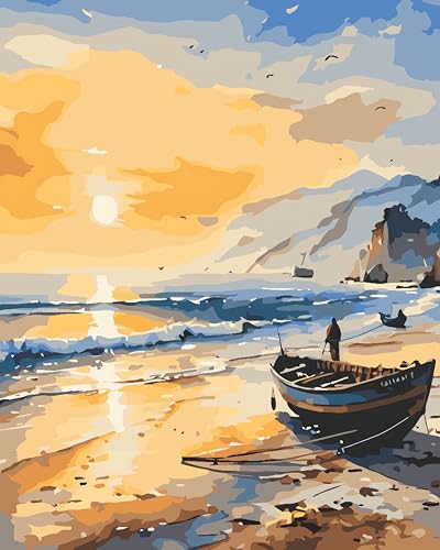 Painting by Numbers Kit for Adults Beginner,Sunset Seascape Color by Numbers for Adults,Boat Adult Paint by Number Kits on Canvas,Paint by Numbers Easy Oil Painting for Home Wall Decor 15.7X19.7 Inch
