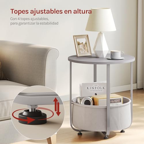 Miniatura 7 de Woltu Mesita De Cafe Redonda, Mesa Pequeña Auxiliar Con Cesta De Lona De Almacenamiento, Estructura De Metal, Mueble Multiuso Para Salon, Balcon, Dormitorio, Gris