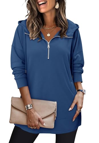 onlypuff Women Hoodie Pullover Trendy Quarter Zipper Lapel Sweatshirts Drawstring Cute Hooded Tunic Tops with Side Pockets