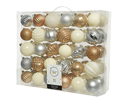 Kaemingk Weihnachtskugeln Kunststoff 6-7cm x 60 Stück Ornamente Mix Christbaumkugeln Set Silber Wollweiß Karamel