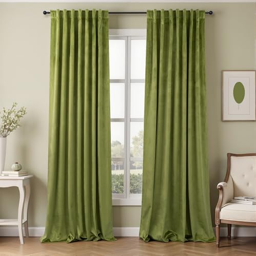 Image of Chartreuse Moss Green Velvet Curtains for Bedroom 96 Inches Long 2 Panels Maximalism Quirky Eclectic Vintage Bold Light Blocking Soundproof Thermal Drape for Living Room Mid Century Modern Psychedelic