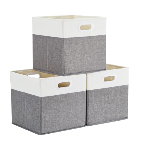 Mangata Cajas de almacenamiento de 30 x 30 x 30 cm, cestas de almacenamiento de tela para cubos de ropa, cestas, cofres, juguetes (Blanco Gris, 3 piezas)