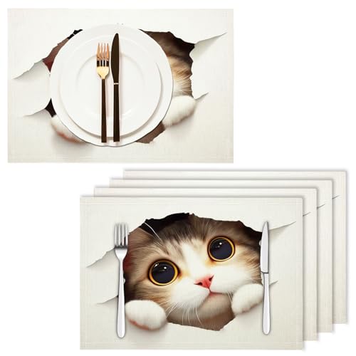 Set de table de dessin animé en coton et lin, linge de table lavable lot de 6 chat