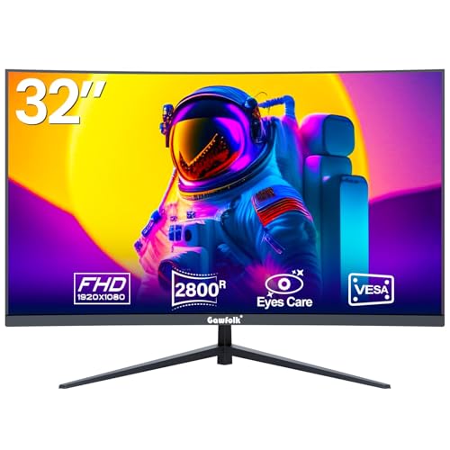 Gawfolk Computer Monitor 32 Inch 75Hz, PC Screen Curved Full HD 1080P, Frameless 2800R Computer Monitor with Eye Care Technology, HDMI/VGA，Home Office Business