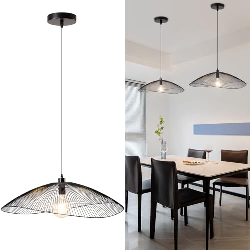 HARPER LIVING Pendant Light, Large Black Pendant Ceiling Lamp with Curved Metal Threads Shade, Adjustable Height, Hanging Light fixtures for Kitchen Island Dining Room Living Room, 80cm Diameter