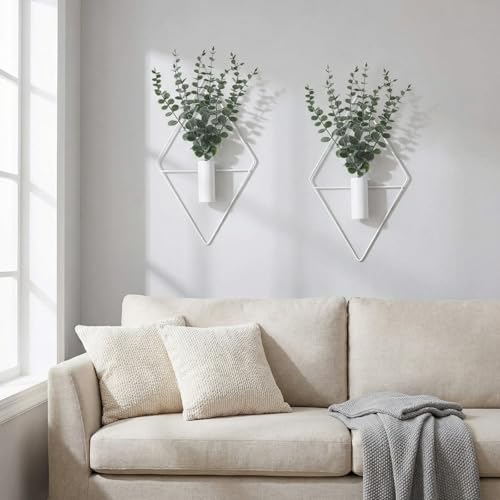 Image of Jexine Hanging Planters with Artificial Eucalyptus Metal Hanging Vase Indoor Plants Holder Modern Geometric Boho Bathroom Wall Decor for Living Room Home Office(White,4 Pcs)