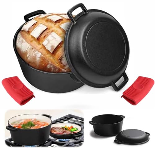 Cast Iron Dutch Oven, Dutch Oven for Sourdough Bread Baking, 5.5 QT Dual Handles cast iron pot with Lid and Anti-scald Clip