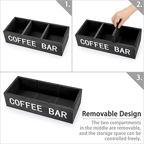 ELLDOO Coffee Bar Wooden Storage Box with Removable Grids, Coffee Station Organizer Coffee Pod Holder Storage Rustic Coffee Accessories for Counter Farmhouse Kitchen Home Decor, Black