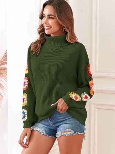 Image of ZAFUL Flower Crochet Turtleneck Sweater for Women Pullover Puff Long Sleeve Boho Knit Sweaters Trendy Knitwear Tops