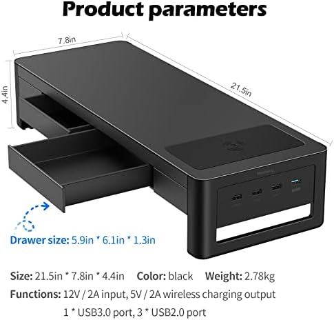 Meatanty 3 In 1 Monitor Stand Riser with 2 Storage Drawers,1 Wireless Charging Module and 4 USB Ports,Metal Computer Monitor Stand Supports Transfer Data and Charging,Desk Organizer for PC,Laptop,iMac