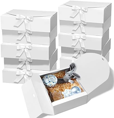 BoShahai 10 PCS Gift Boxes with Lids, 10.6x7.8x3.1 Inch Kraft Paper Gift Box, White Gift Boxes with Ribbon, Bridesmaid Proposal Box for Wedding, Packaging, Present, Birthday, Cupcake Boxes