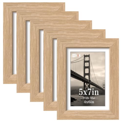 VCK 5x7 Picture Frame, Natural Wood, Real Glass, 5 Pack, Tabletop & Wall