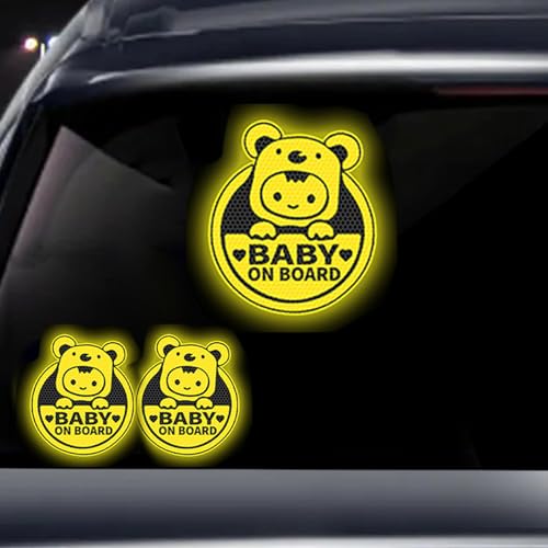 Image of 2PCS Baby On Board Sticker for Cars,Reflective Baby in Car Safety Sign Decal for Rear, Side Windows, Bumpers- Bright Yellow, Durable (Bear)