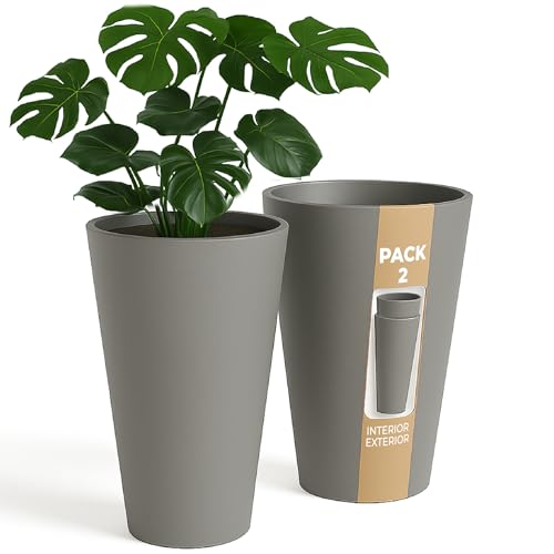 ActivoTex Maceteros Altos Interior. Macetero Grande Interior Maceta Alta Exterior y Terraza. 30 cm (2 uds) Macetero Decorativo de Plastico Jardinera Alta Maceteros Largos y Estrechos (Topo, Pack 2)