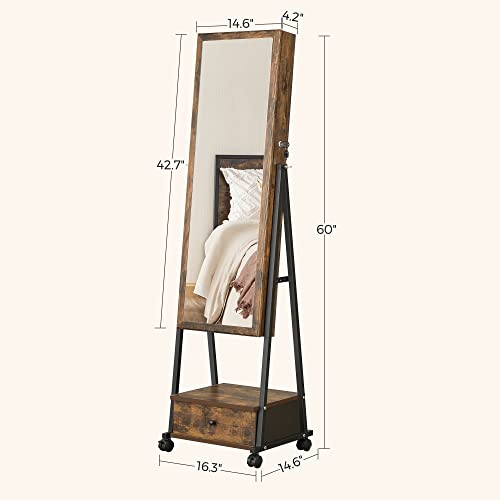 Songmics Jewelry Cabinet Floor Standing, Lockable Jewelry Organizer With High Full-Length Mirror, Bottom Drawer, Shelf, Wheels, Christmas Gifts, Rustic Brown And Black Ujjc004X01 #TOP5