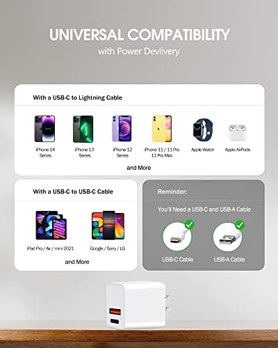 Usb C Charger, Charger For Iphone, Fast Charger Block, Udaton 20W Dual Port New Usb C Wall Charger For Apple Watch Series 8, Type C Charging Brick Compatible For Apple Ipad Iphone 13 14 Pro Max, White #TOP5