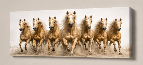 Image of 7 Horse Vastu Sunrise Canvas Painting | Positive Energy Wall Decor | Big Size Premium Running Horses Artwork for Home, Office & Hall Decoration (Modern, Light Brown Horse, 44x20 Inch)